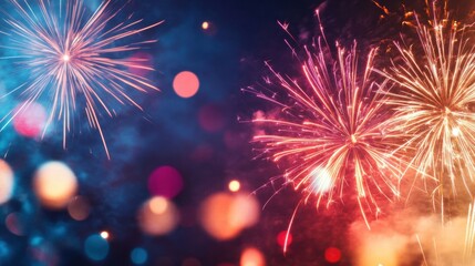 Obraz premium Colorful Fireworks Bursting in Night Sky Over Vibrant Blurred Background Celebrating Festivals and Special Occasions, Featuring Bright Colors and Sparkling Lights