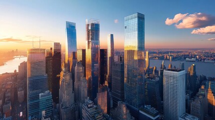 Obraz premium Aerial View of Sunset Over Skyscrapers in Urban City Landscape
