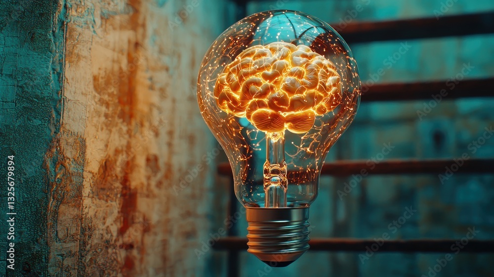 Poster a glowing brain displayed inside of a transparent light bulb