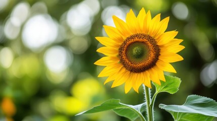 Fototapeta premium Vibrant Sunflower with Bright Yellow Petals Against a Softly Blurred Green Background Exuding Nature's Beauty and Warmth in a Sunny Garden Setting