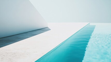 Obraz premium Minimalist Architecture with White Geometry, Smooth Water Surface, and Reflections Under Bright Sky in Artistic Composition