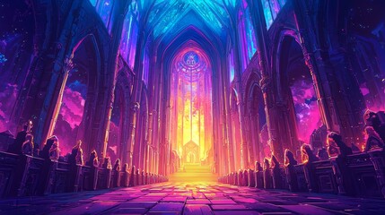 Naklejka premium Vibrant colors and details bring this cathedral to life in a futuristic setting.