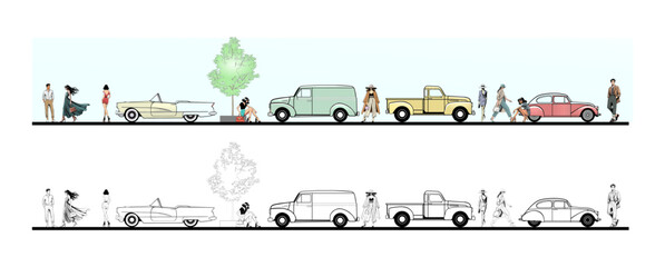 Architectural Scale Figure Silhouette People Set Color With Retro Cars