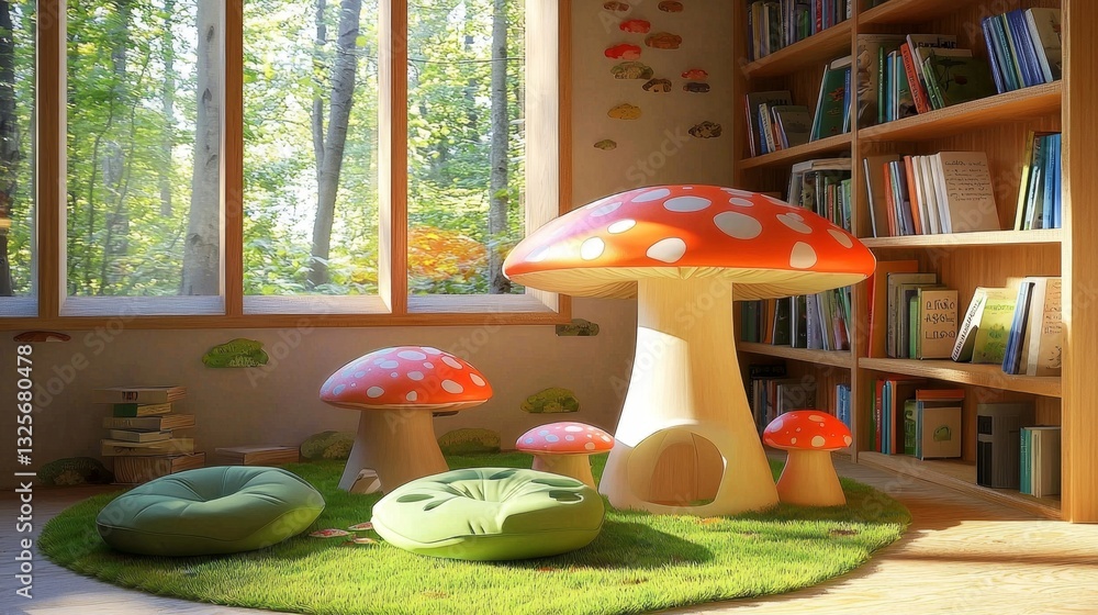 Poster create an inviting nook with a playful toadstool table and bookshelves.