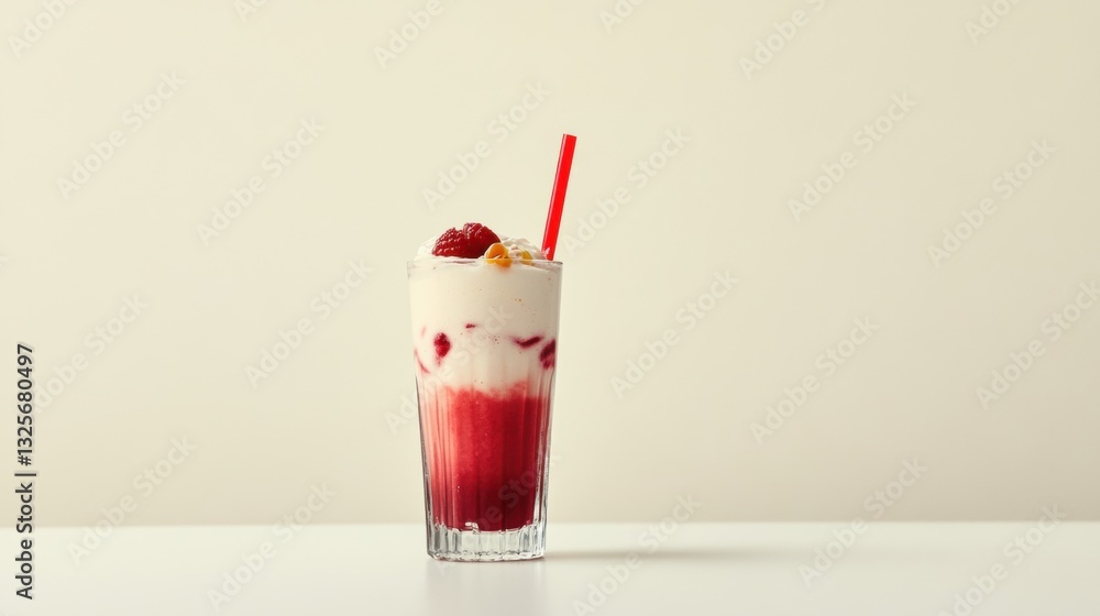Poster refreshing raspberry cream beverage with red straw in clear glass against minimalist background for 