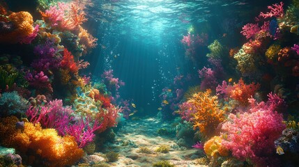 Naklejka premium Vibrant coral reef underwater scene with sunlight. (3)