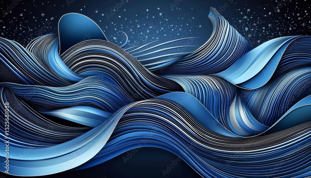 Poster enchanting blue abstraction with three-dimensional wave elements.