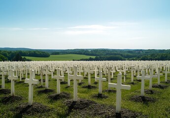 Scenic vineyard landscape in France with rows of green vines under a blue sky.