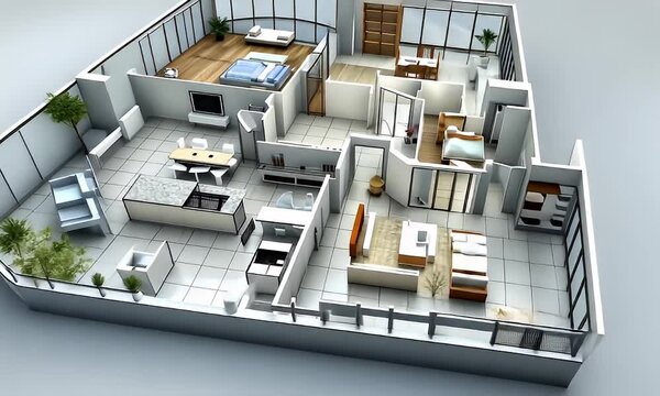 High-angle view of open plan luxury apartment with curved balcony. Modern interior, neutral background