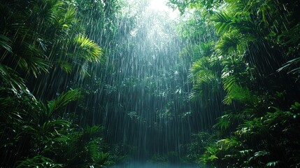 Fototapeta premium Lush rainforest in heavy rain, sunlight through canopy.