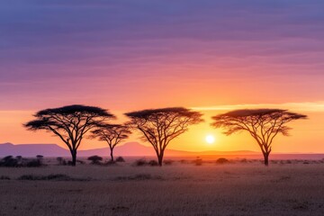 A Breathtaking African Sunset Over Silhouetted Acacia Trees, Capturing the Tranquility of the Savannah Landscape Under a Colorful Sky.