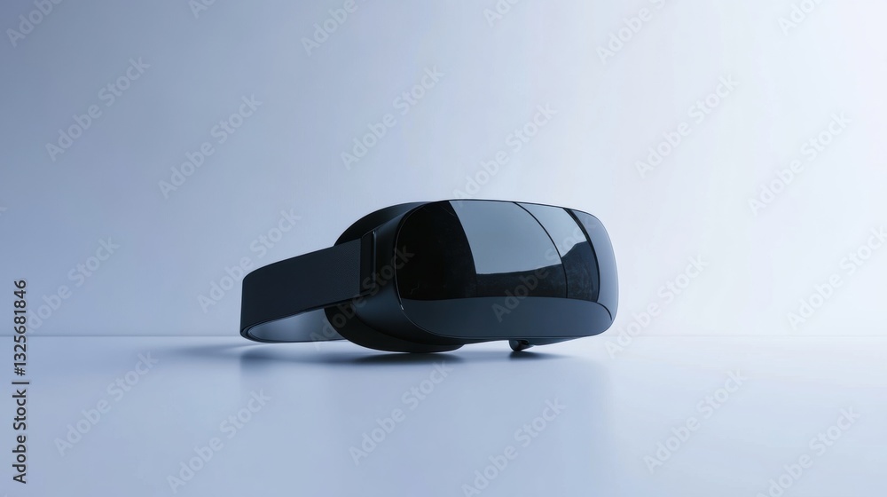 Poster sleek black virtual reality headset placed on a minimalist surface with soft lighting and subtle ref