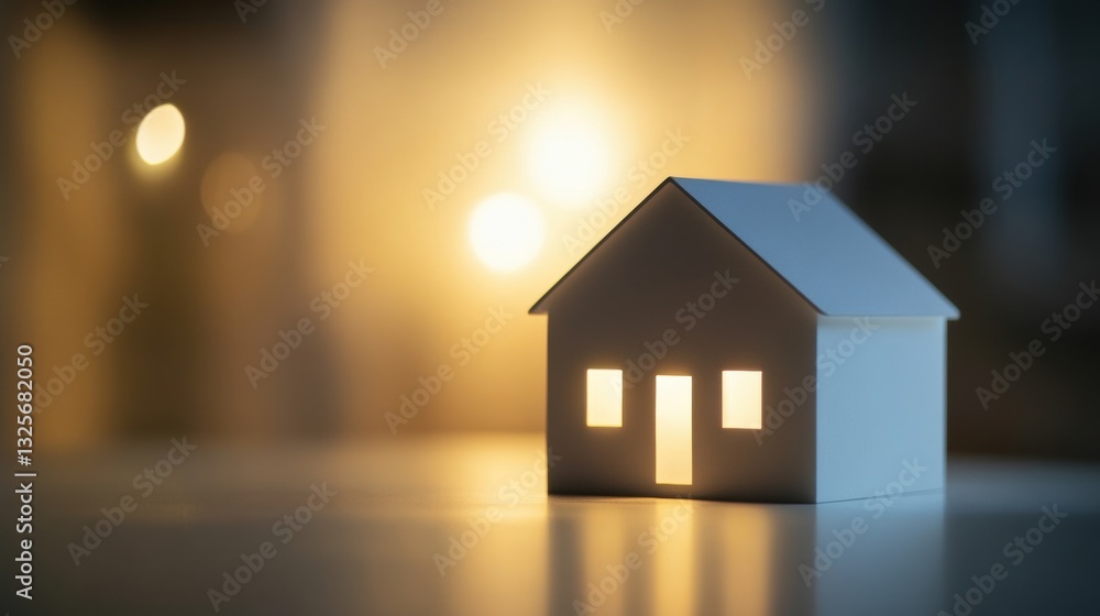 Poster minimalist paper house model with illuminated windows creating a cozy atmosphere in soft light backg
