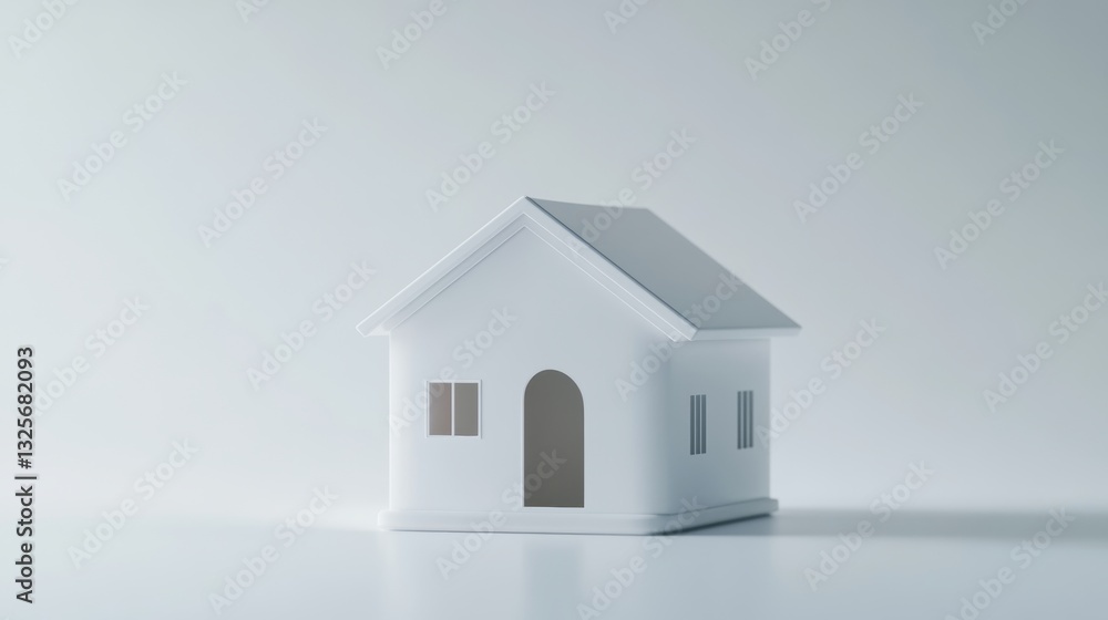 Poster minimalistic white house model on soft gray background showcasing simple design and modern aesthetic