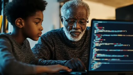 Elderly man teaches young boy coding on a computer, showcasing intergenerational learning at home - Powered by Adobe