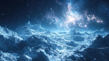 Alien icy planet landscape with nebula.