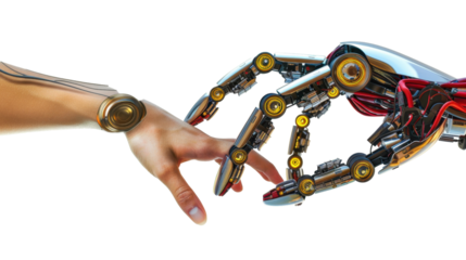 Human and robot hands touching with transparent background