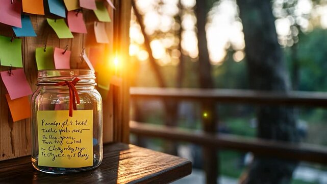 Wish jar with colorful sticky notes on a wooden board outdoors