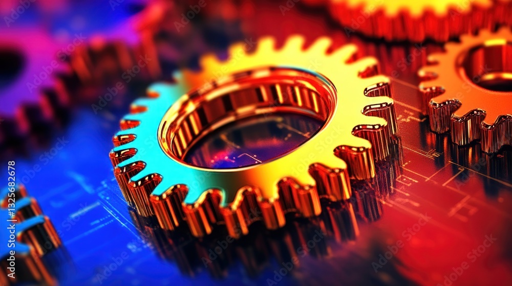Poster several golden gears are positioned over a colorful patterned surface