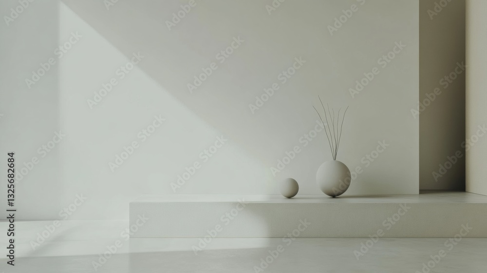 Poster minimalist interior scene with decorative vases and natural light casting subtle shadows on a soft c