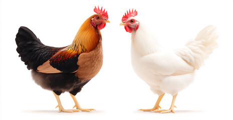 Fototapeta premium two chickens, one brown and the other black,
