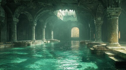Sunlit, flooded ancient gothic crypt with columns and arches.