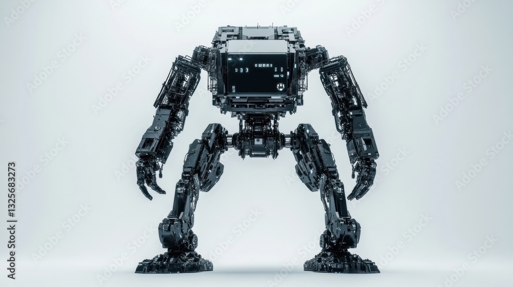 Poster futuristic black robot with mechanical arm structure and digital display, standing tall against a mi