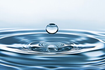 Water droplet in ripples: A crystal-clear water droplet suspended mid-air, creating perfect concentric ripples on a tranquil water surface. Capturing the transient beauty of the water moment.