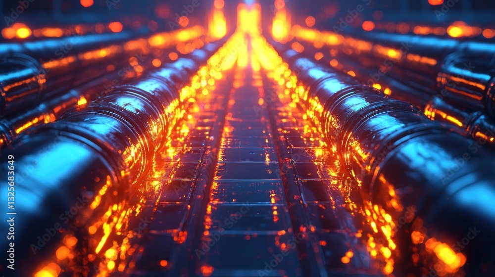 Poster illuminated pipes and lighting creating a symmetrical industrial pattern