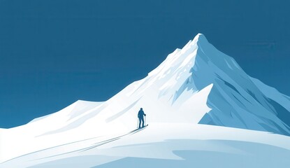 Lone Adventurer Skiing Down a Serene Snowy Mountain on a Clear Day