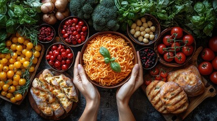 Fototapeta premium Hands holding bowl of pasta with fresh ingredients.