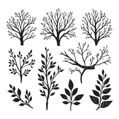 Bare Branches and Foliage Silhouette Hand Drawn Tree Vector Set