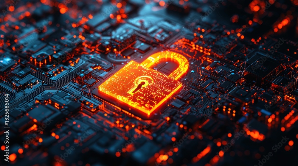 Poster illuminated padlock represents digital security over a circuit board background