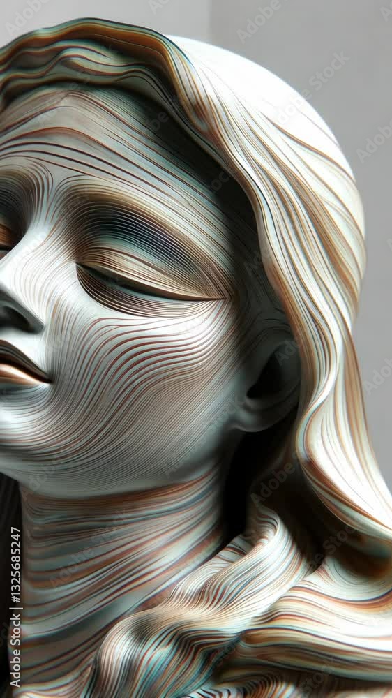 Poster intricate sculpture showcasing flowing lines and serene expression in an artistic gallery setting