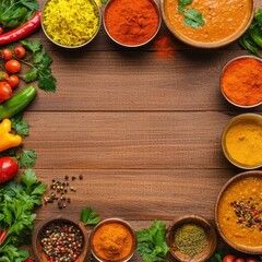 Colorful arrangement of various spices and herbs in a circular pattern on a wooden table celebrating indian cuisine