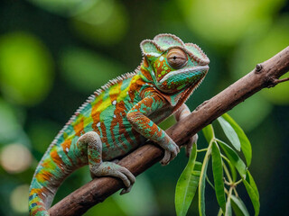 Fototapeta premium Colorful chameleon perched on a green branch.