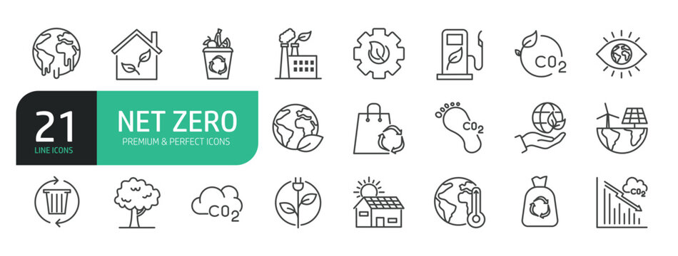 Set Of Net Zero Line Icons. Set contains such icons as Ecology, Carbon Emissions, Renewable Energy Sources, Carbon Offsetting, Green Technologies, co2, Carbon Reduction, and Eco-Friendly Practices.