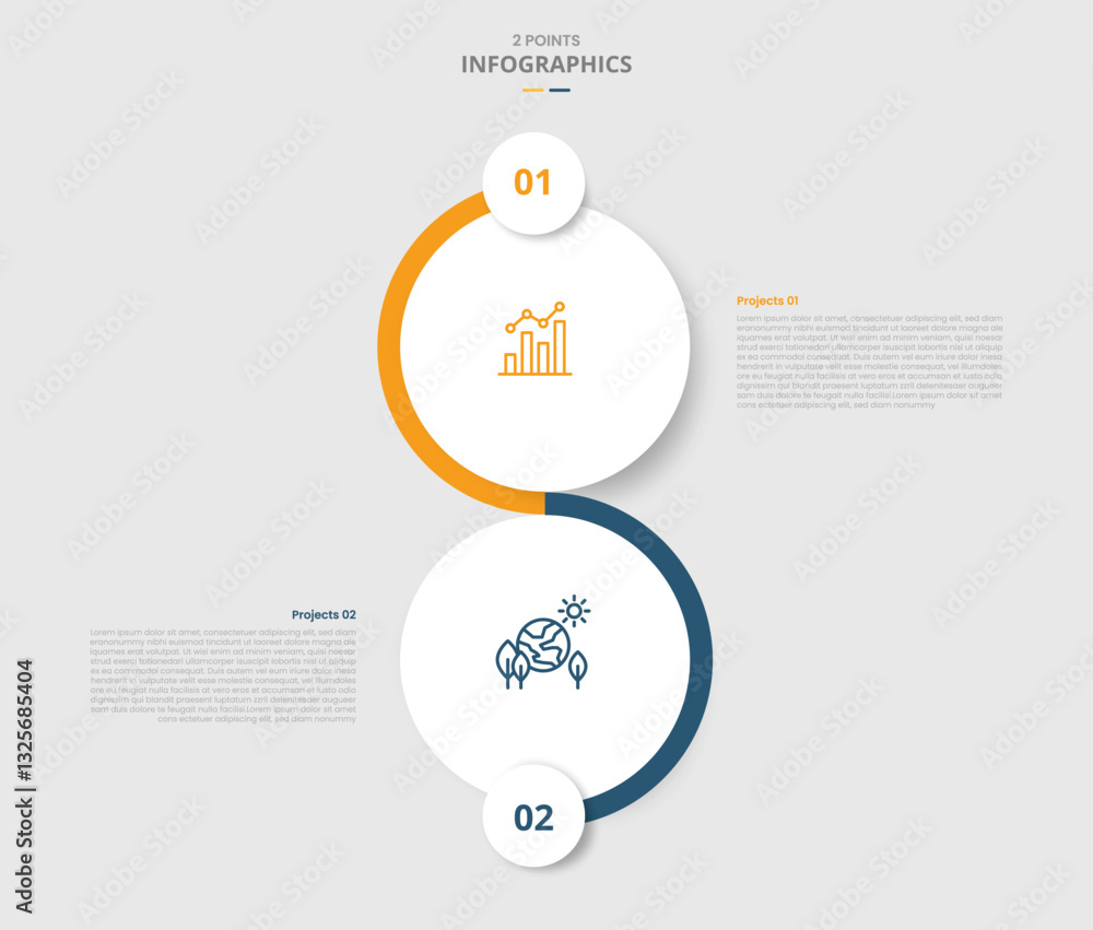 Aufkleber 2 points comparison versus for infographic with big circle vertical stacked white background drop sh