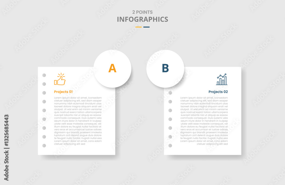 Poster 2 points comparison versus for infographic with paper page with big circle badge on edge with white 