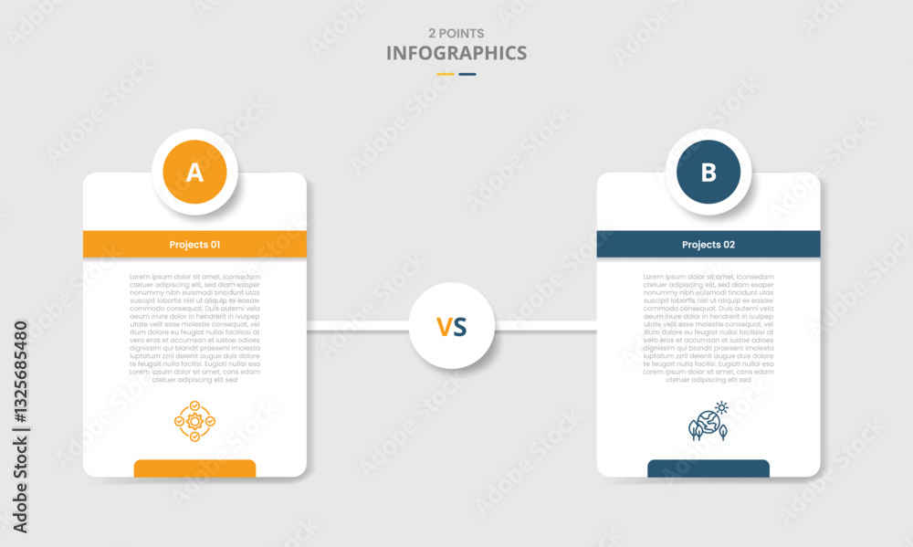Poster 2 points comparison versus for infographic with vertical round box with circle badge on top with whi