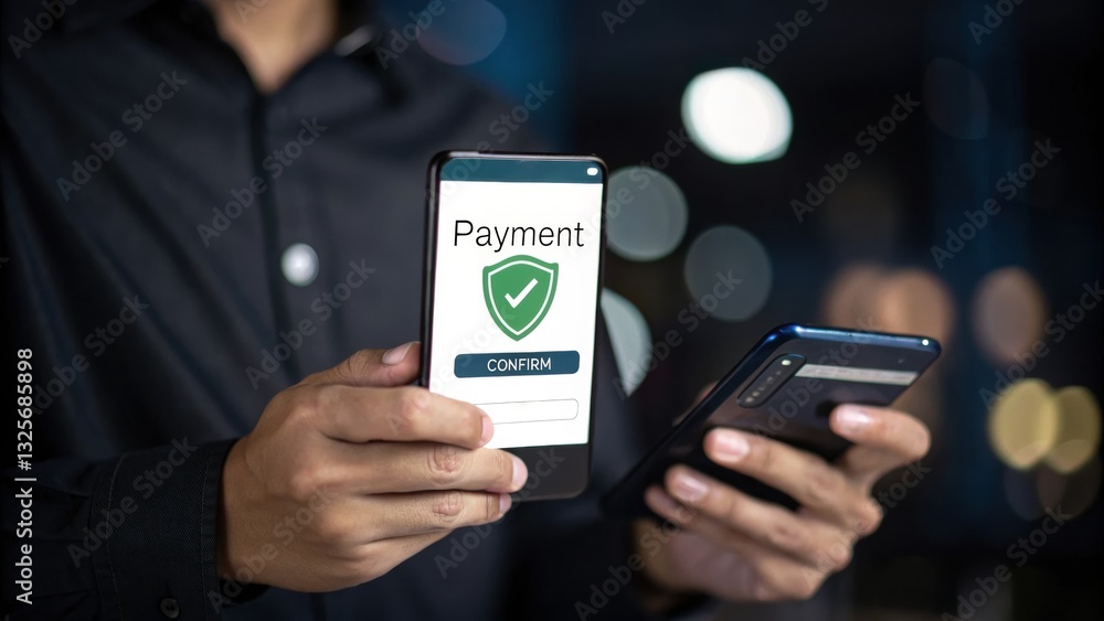 Poster secure mobile payment: a person is using a smartphone with a payment app on the screen and another p