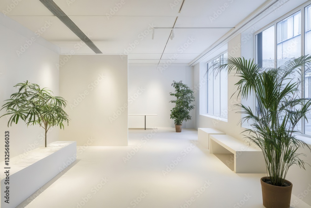 Poster bright and minimalist interior space with large windows and plants in an urban setting