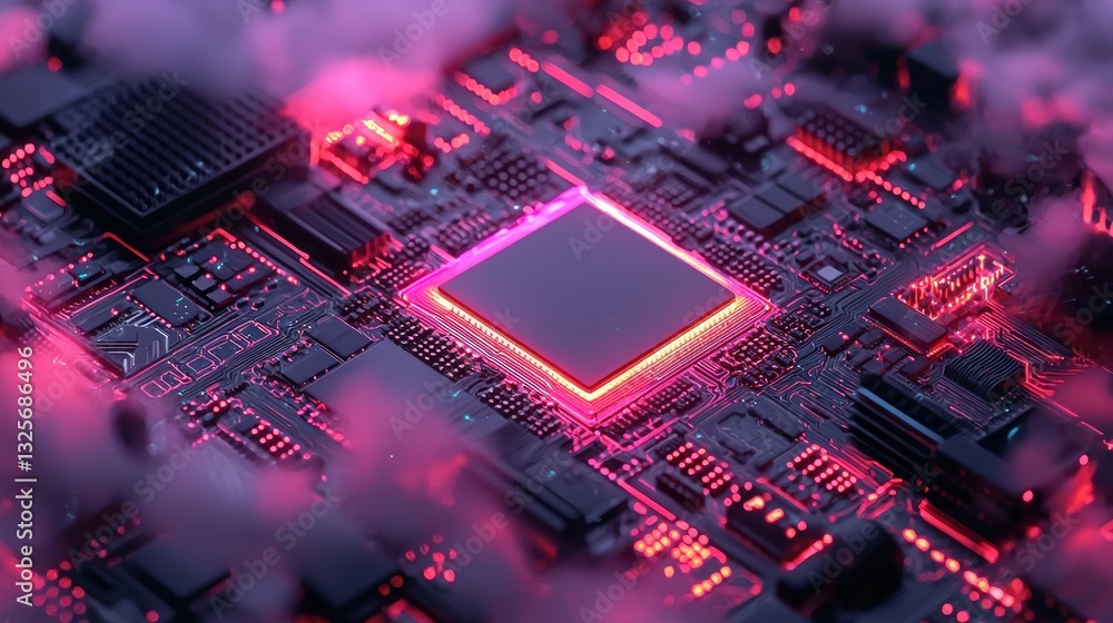 Aufkleber illuminated circuit board showing the complex technological electronic components
