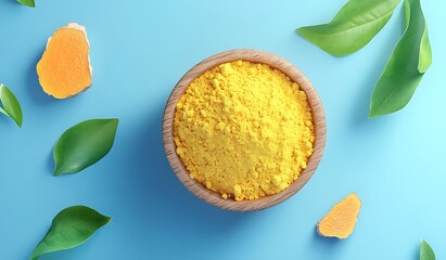 Spices and herbs on a wooden board with ingredients like pepper, curry, and cinnamon arranged on a white background.