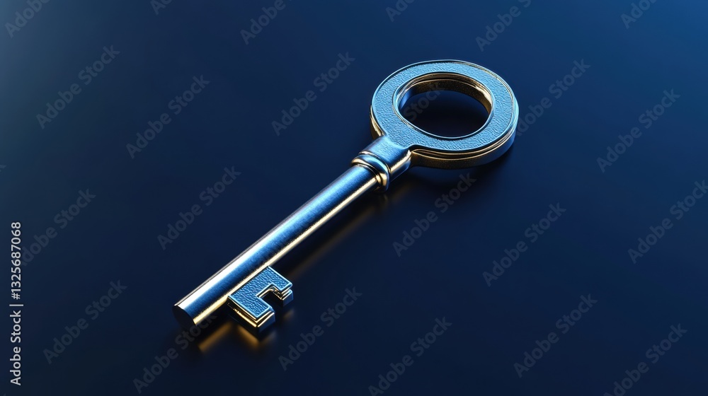 Poster metallic key with intricate design resting on a dark reflective surface, symbolizing access, securit