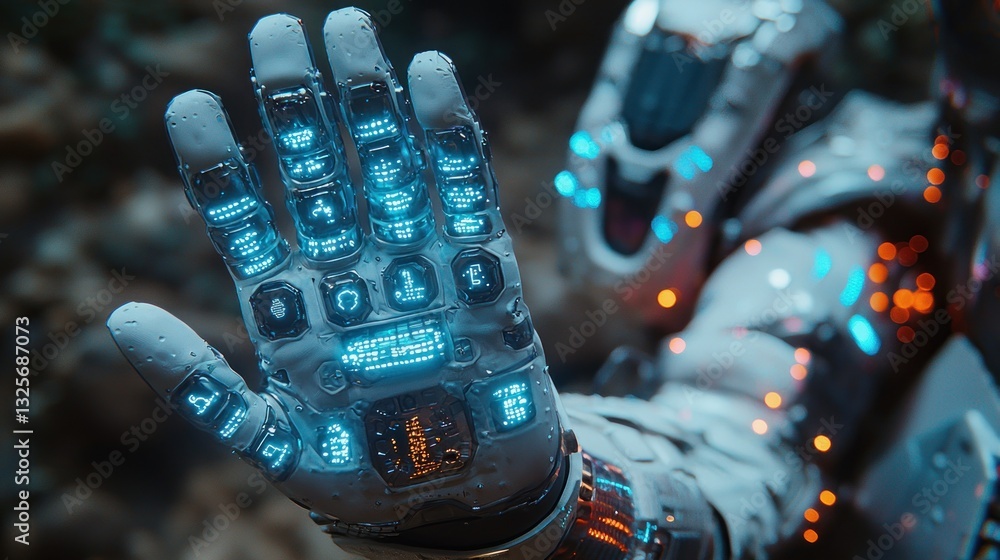 Poster futuristic robot hand with glowing interface.