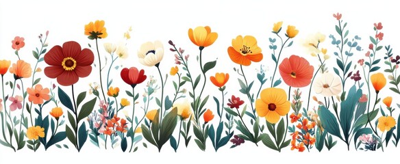 Colorful floral garden border with vibrant wildflower illustrations and lush foliage