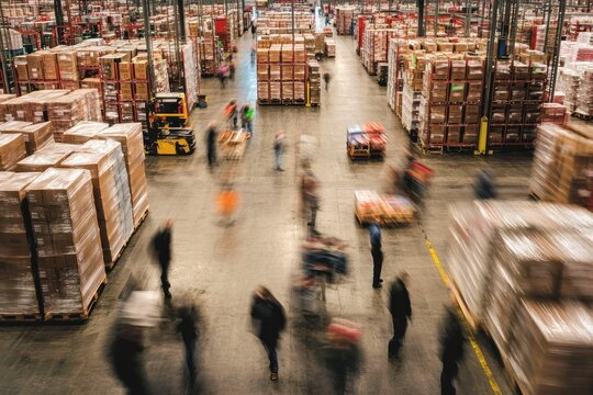 Warehouse bustling with activity as workers move pallets and goods efficiently throughout the large storage area