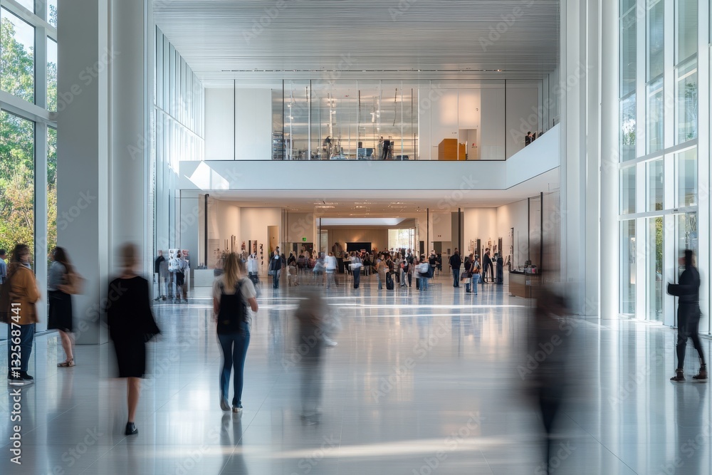 Poster crowd gathering in a modern art gallery with abundant natural light and open space