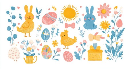Fototapeta premium Colorful Easter graphic with bunnies, eggs, and spring flowers design